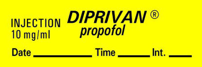 Picture of Drug Label Timemed Anesthesia Label Tape Injection 10 mg/mL Diprivan Propofol Yellow 1/2 X 1-1/2 InchAN-155