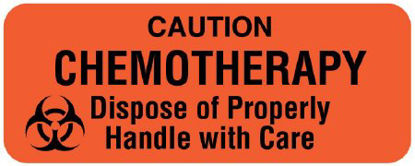 Picture of Pre-Printed Label UAL™ Warning Label Orange Paper Caution Chemotherapy Dispose of Properly Handle with Care Black Caution 7/8 X 2-1/4 InchULPH225