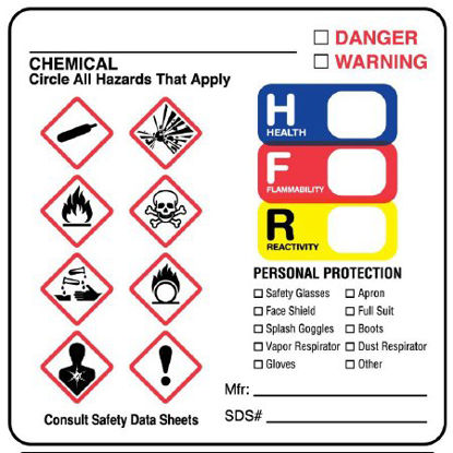 Picture of Pre-Printed Label PDC® Warning Label White Paper GHS Symbol Color Block OSHA 2-1/2 X 2-1/2 InchULGH1301