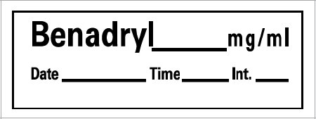 Picture of Drug Label Barkley® Anesthesia Label Benadryl_mg/mL Date_Time_Int_ White 1/2 X 1-1/2 InchAN-109