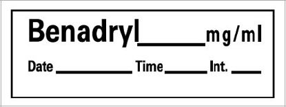 Picture of Drug Label Barkley® Anesthesia Label Benadryl_mg/mL Date_Time_Int_ White 1/2 X 1-1/2 InchAN-109