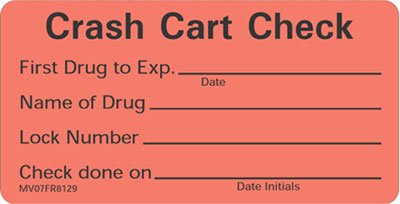 Picture of Pre-Printed Label Barkley® Instructional Label Red Crash Cart Check First Drug To Exp Name Of Drug Lock Number Check Done On Black 1-1/2 X 2-15/16 InchMV07FR8129
