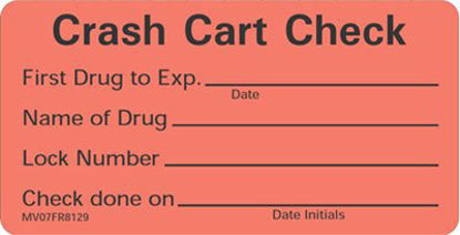 Picture of Pre-Printed Label Barkley® Instructional Label Red Crash Cart Check First Drug To Exp Name Of Drug Lock Number Check Done On Black 1-1/2 X 2-15/16 InchMV07FR8129
