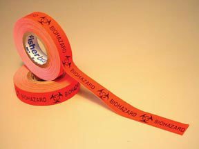 Picture of Pre-Printed Tape Fisherbrand™ Warning Label Flourescent Red Adhesive Biohazard / Symbol Black Biohazard 1/2 X 500 Inch15965