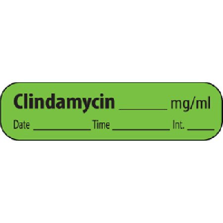 Picture of Drug Label MedVision® Anesthesia Label Clindamycin_mg/mL Date_Time_Int_ Fluorescent Green 5/16 X 1-1/4 InchMV02FG4216P