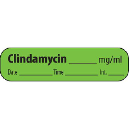 Picture of Drug Label MedVision® Anesthesia Label Clindamycin_mg/mL Date_Time_Int_ Fluorescent Green 5/16 X 1-1/4 InchMV02FG4216P