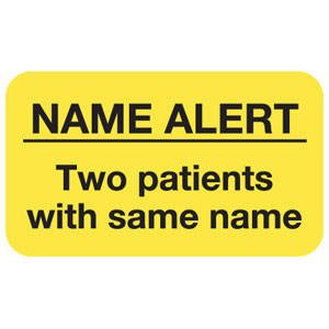 Picture of Pre-Printed Label Warning Label Yellow Name Alert Two Patients With The Same Name Name Alert Black Alert Label 7/8 X 1-1/2 InchMAP1050
