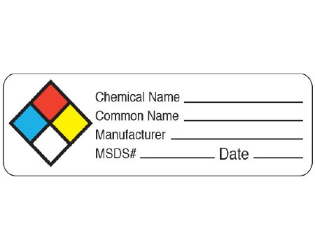 Picture of Pre-Printed Label Shamrock Warning Label White Litho Paper Chemical Name _____ / Common Name ______ / Manufacturer _______ MSDS# ______ Date ____ Black / Color Block Biohazard 1 X 3 InchUPCR-40