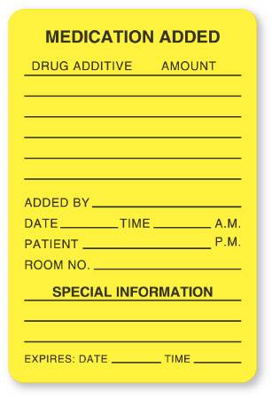 Picture of Pre-Printed Label UAL™ Anesthesia Label Yellow Paper Medication Added Patient_rm#_Drug_Amount_ Black Medication Instruction 2 X 3 InchULHH503