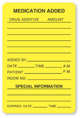 Picture of Pre-Printed Label UAL™ Anesthesia Label Yellow Paper Medication Added Patient_rm#_Drug_Amount_ Black Medication Instruction 2 X 3 InchULHH503