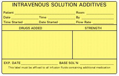 Picture of Pre-Printed Label Barkley® Instructional Label Yellow Paper Intravenouse Solution Additives Black Syringe Label 2-1/2 X 4 InchN-260