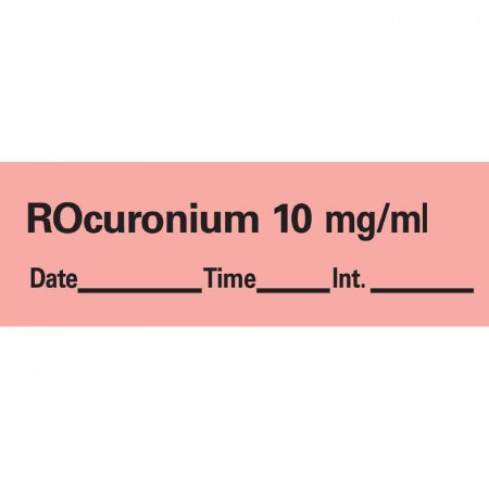 Picture of Drug Label PDC® Anesthesia Label Rocuronium 10mg/mL Date_Time_Int_ Fluorescent Red 1/2 x 1-1/2 InchAN-161D10