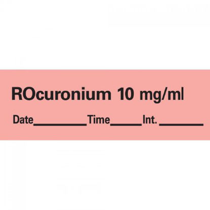 Picture of Drug Label PDC® Anesthesia Label Rocuronium 10mg/mL Date_Time_Int_ Fluorescent Red 1/2 x 1-1/2 InchAN-161D10