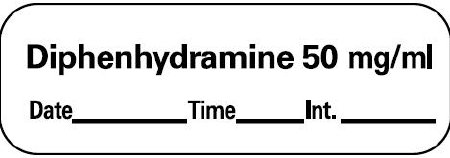 Picture of Drug Label PDC® Anesthesia Label Diphenhydramine 50mg/mL Date_Time_Int_ White 1/2 X 1-1/2 InchAN-210D50