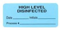 Picture of Pre-Printed Label Advisory Label Blue Paper HIGH LEVEL DISINFECTED Date_____Initials_____Process#_____ Black Quality Control Label 1 X 2-1/4 InchDC-100214-71-BL
