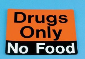 Picture of Pre-Printed Label Indeed Auxiliary Label Orange Vinyl Drugs Only No Food Black / White Safety and Instructional 3 X 3-5/8 Inch2381-01