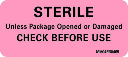 Picture of Pre-Printed Label MedVision® Advisory Label Red Sterile Unless Package Opened Or Damaged Check Before Use Black Alert Label 1 X 2-1/4 InchMV04FR0465