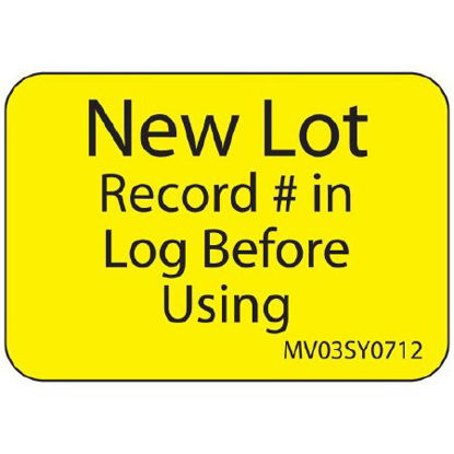 Picture of Pre-Printed Label MedVision® Safety Data Yellow Paper New Lot Record # In Log Before Using Black Alert Label 1 X 1-7/16 InchMV03SY0712
