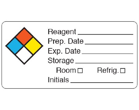 Picture of Pre-Printed Label Shamrock Warning Label White Litho Paper Reagent _____ / Prep Date ______ / Exp Date _______ Storage ______ Room, Refrig / Initials ____ Black / Color Block Biohazard 1-1/2 X 3 InchUPCR-31