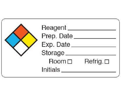 Picture of Pre-Printed Label Shamrock Warning Label White Litho Paper Reagent _____ / Prep Date ______ / Exp Date _______ Storage ______ Room, Refrig / Initials ____ Black / Color Block Biohazard 1-1/2 X 3 InchUPCR-31