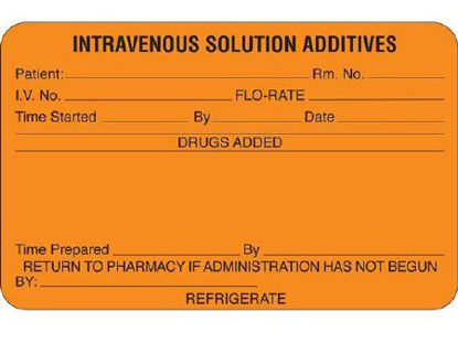 Picture of Pre-Printed Label Shamrock Anesthesia Label Orange INTRAVENOUS SOLUTION ADDITIVES / PATIENT __ ROOM __ / IV NO. __ FLO-RATE __ / TIME STARTED __ BY __ DATE __ / DRUGS ADDED / TIME PREPARED __ BY __ / RETURN TO PHARMACY IF ADMINISTRATION HAS NOT BEGUN /BY: __ / REFRIGERATE Black IV Tube 2-1/2 X 4 InchSMA-2126