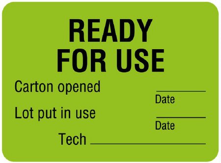 Picture of Pre-Printed Label Instructional Label Green Paper READY FOR USE Carton opened __________Date Lot put in use__________Date Tech____________________ Quality Control Label 1-3/4 X 2-3/8 InchULLR305