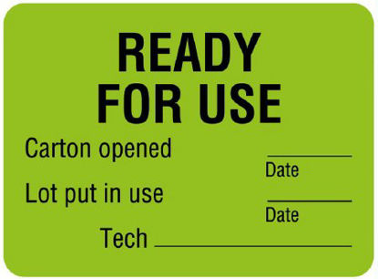 Picture of Pre-Printed Label Instructional Label Green Paper READY FOR USE Carton opened __________Date Lot put in use__________Date Tech____________________ Quality Control Label 1-3/4 X 2-3/8 InchULLR305