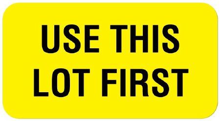 Picture of Pre-Printed Label UAL™ Instructional Label Yellow Paper USE THIS LOT FIRST Quality Control Label 7/8 X 1-5/8 InchULQC201