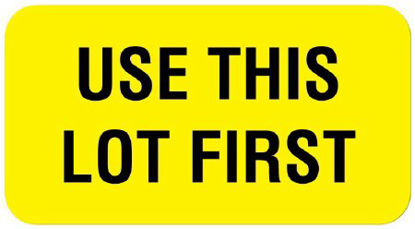 Picture of Pre-Printed Label UAL™ Instructional Label Yellow Paper USE THIS LOT FIRST Quality Control Label 7/8 X 1-5/8 InchULQC201