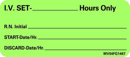 Picture of Pre-Printed Label MedVision® Instructional Label Green Paper IV Set_Hours Only Black Syringe Label 1 X 2-1/4 InchMV04FG1467
