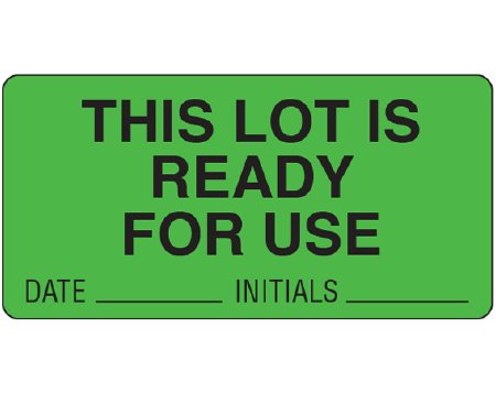 Picture of Pre-Printed Label Shamrock Instructional Label Green THIS LOT IS / READY / FOR USE / DATE _____ INITIALS _____ Black Quality Control Label 1-1/2 X 3 InchLL-143