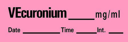 Picture of Drug Label Timemed Anesthesia Label Tape Vecuronium_mg/mL Date_Time_Int Fluorescent Red 1/2 X 1 InchAN-103