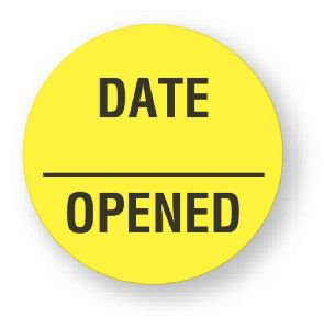 Picture of Pre-Printed / Write On Label Communication Fill In Yellow Fluorescent Paper Date Opened Black Quality Control Label 3/4 X 3/4 InchULFP703