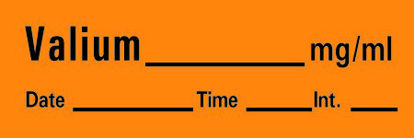 Picture of Drug Label Timemed Anesthesia Label Valium_mg/mL Date_Time_Int_ Orange 1/2 X 1-1/2 InchAN-101
