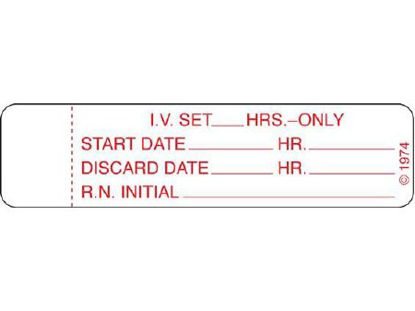 Picture of Pre-Printed Label Shamrock Communication Fill In White Litho Paper I.V. SET – _____ HRS. – ONLY / START DATE_____ HR._____ / DISCARD DATE_____ HR._____ / R.N. INITIAL__________ Red IV Tube 3/4 X 3 InchIV-3