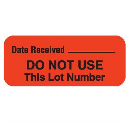 Picture of Pre-Printed / Write On Label Communication Fill In Orange Paper Date Received _________ / DO NOT USE This Lot Number Black Quality Control Label 31/50 X 1-1/2 Inch8032