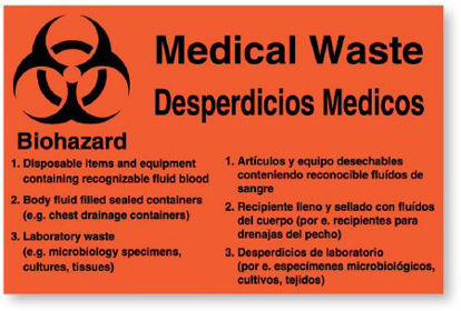 Picture of Pre-Printed Label UAL™ Warning Label Orange Paper Medical Waste Black Enligsh / Spanish 5-1/4 X 8 InchULPC465