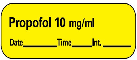 Picture of Drug Label Barkley® Anesthesia Label Propofol 10mg/mL Date_Time_Int_ Yellow 1/2 X 1-1/2 InchLAN-27D10