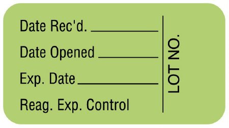 Picture of Pre-Printed / Write On Label Communication Fill In Light Green Paper Date Rec'd.___________Date Opened___________Exp. Date___________Reag. Exp. Control Lot No. Quality Control Label 7/8 X 1-5/8 InchULLR104