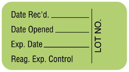Picture of Pre-Printed / Write On Label Communication Fill In Light Green Paper Date Rec'd.___________Date Opened___________Exp. Date___________Reag. Exp. Control Lot No. Quality Control Label 7/8 X 1-5/8 InchULLR104