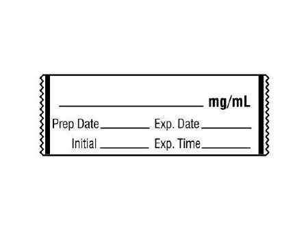 Picture of Pre-Printed / Write On Label Communication Fill In White _____ mg / mL / Prep Date _____ Exp. Date _____ / Initial _____ Exp. Time _____ Black Syringe Label 1/2 X 500 InchSA-3219-EXP