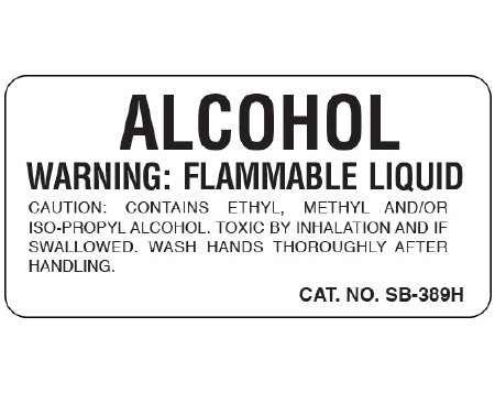 Picture of Pre-Printed Label Shamrock Auxiliary Label White Litho Paper ALCOHOL / WARNING: FLAMMABLE LIQUID/ CAUTION: CONTAINS ETHYL METHYL AND/OR … Black Caution 1 X 2 InchSB-389H
