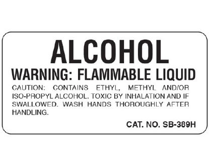 Picture of Pre-Printed Label Shamrock Auxiliary Label White Litho Paper ALCOHOL / WARNING: FLAMMABLE LIQUID/ CAUTION: CONTAINS ETHYL METHYL AND/OR … Black Caution 1 X 2 InchSB-389H