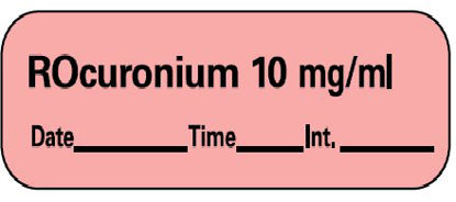 Picture of Drug Label Barkley® Anesthesia Label Rocuronium 10mg/mL Date_Time_Int_ Fluorescent Red 1/2 X 1-1/2 InchLAN-161D10