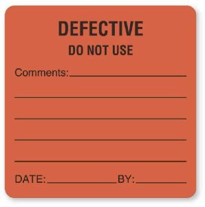 Picture of Pre-Printed Label UAL™ Advisory Label Red Fluorescent Paper Defective Do Not Use Comments Date By Black Quality Control Label 2-1/2 X 2-1/2 InchULBE437
