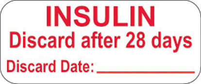 Picture of Pre-Printed Label Auxiliary Label White Paper Insulin Discard After 28 Days Discard Date Red Safety and Instructional 1-1/2 X 5/8 Inch18225