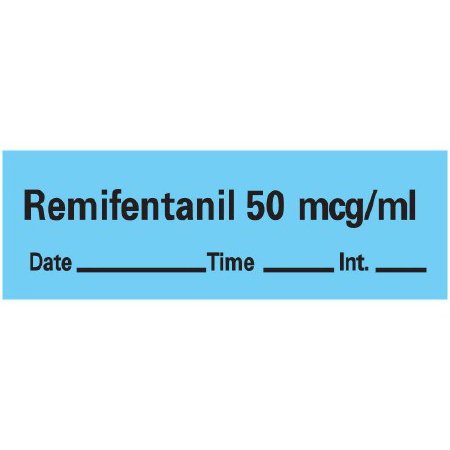 Picture of Drug Label Anesthesia Label Tape Remifentanil 50 mcg/mL Date_Time_Int Blue 1/2 X 1-1/2 InchAN-38D50