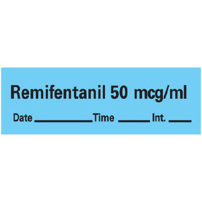 Picture of Drug Label Anesthesia Label Tape Remifentanil 50 mcg/mL Date_Time_Int Blue 1/2 X 1-1/2 InchAN-38D50