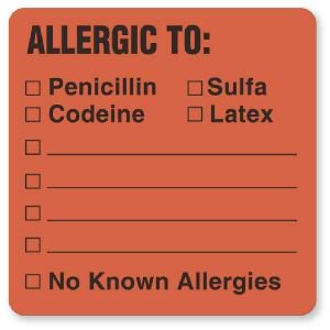 Picture of Pre-Printed Label UAL™ Allergy Alert Fluorescent Red EDP Paper Allergic To, Penicillin Sulfa Codeine Latex No Known Allergies Black Alert Label 1-1/2 X 1-1/2 InchULHN877