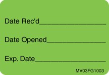 Picture of Pre-Printed / Write On Label Barkley® Communication Fill In Green Date Rec'D Date Opened Exp Date Black Quality Control Label 1 X 1-7/16 InchMV03FG1003
